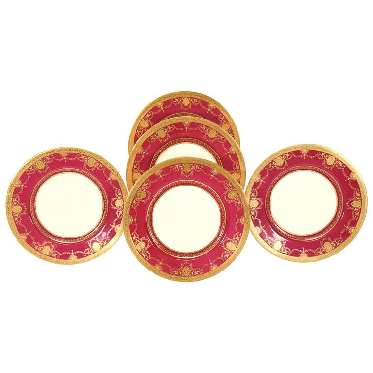 Set of 11 Minton Cranberry, Ivory and Raised Paste Gold 11" Dinner
