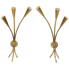 Pair of Brass Three-Arm Sconces by Lunel