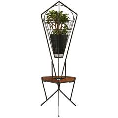 Midcentury Vintage 1960s Iron and Teak Hanging Planter, Plant Stand, Side Table