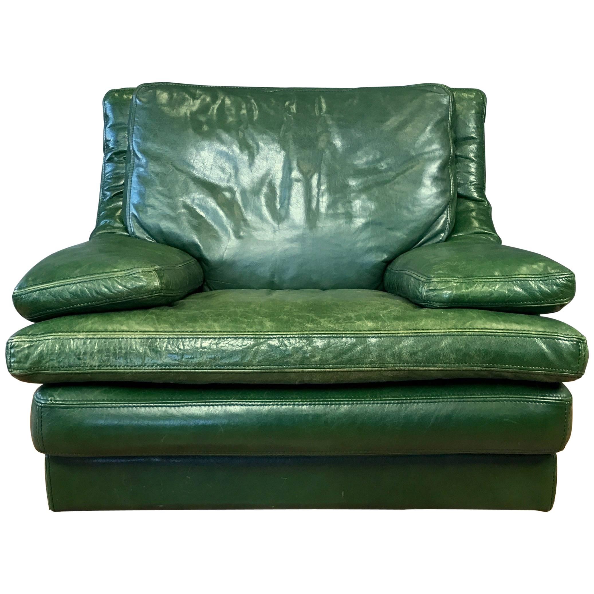 Vintage Roche Bobois Green Leather Lounge Chair