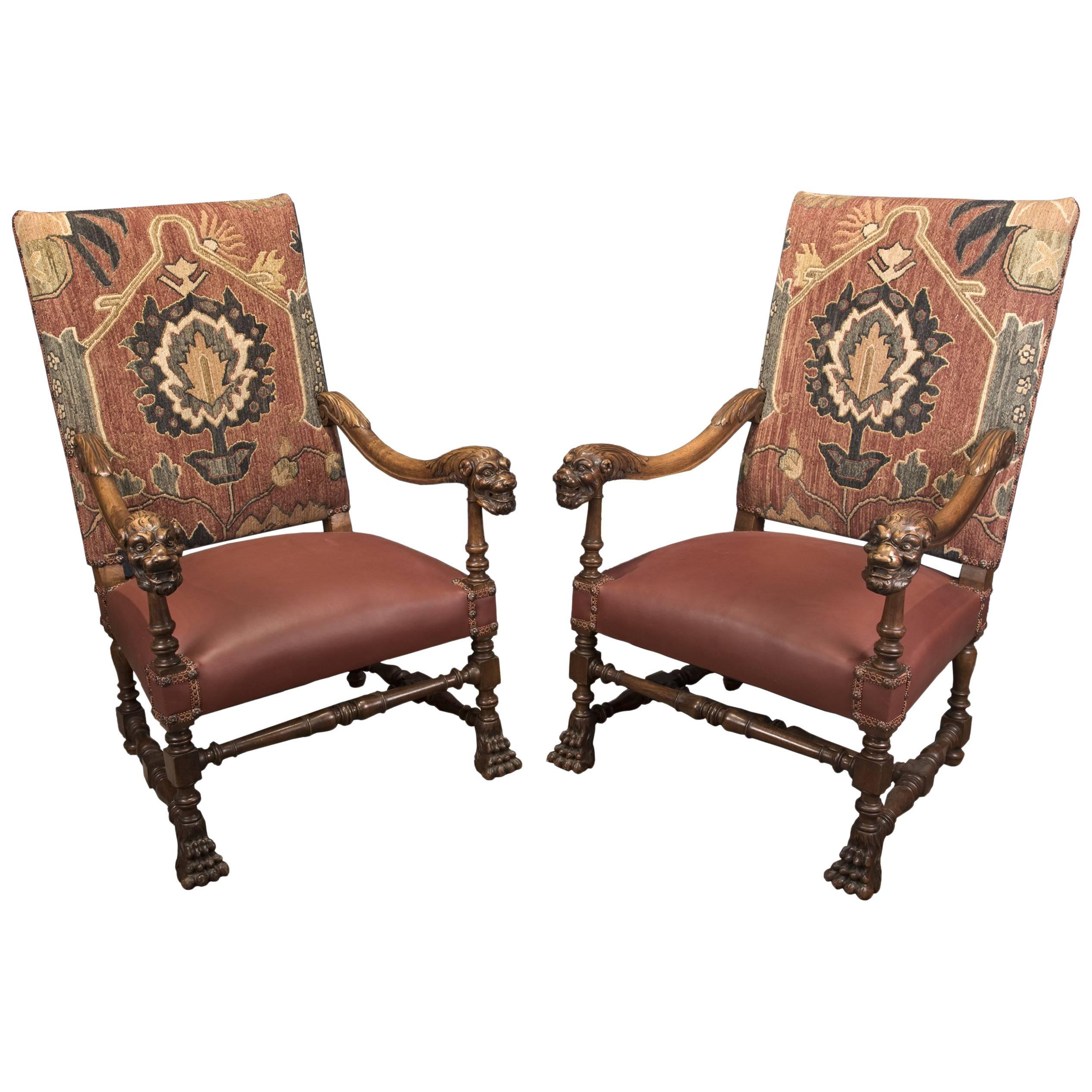 Pair of French Louis XIV Style Carved Walnut Armchairs