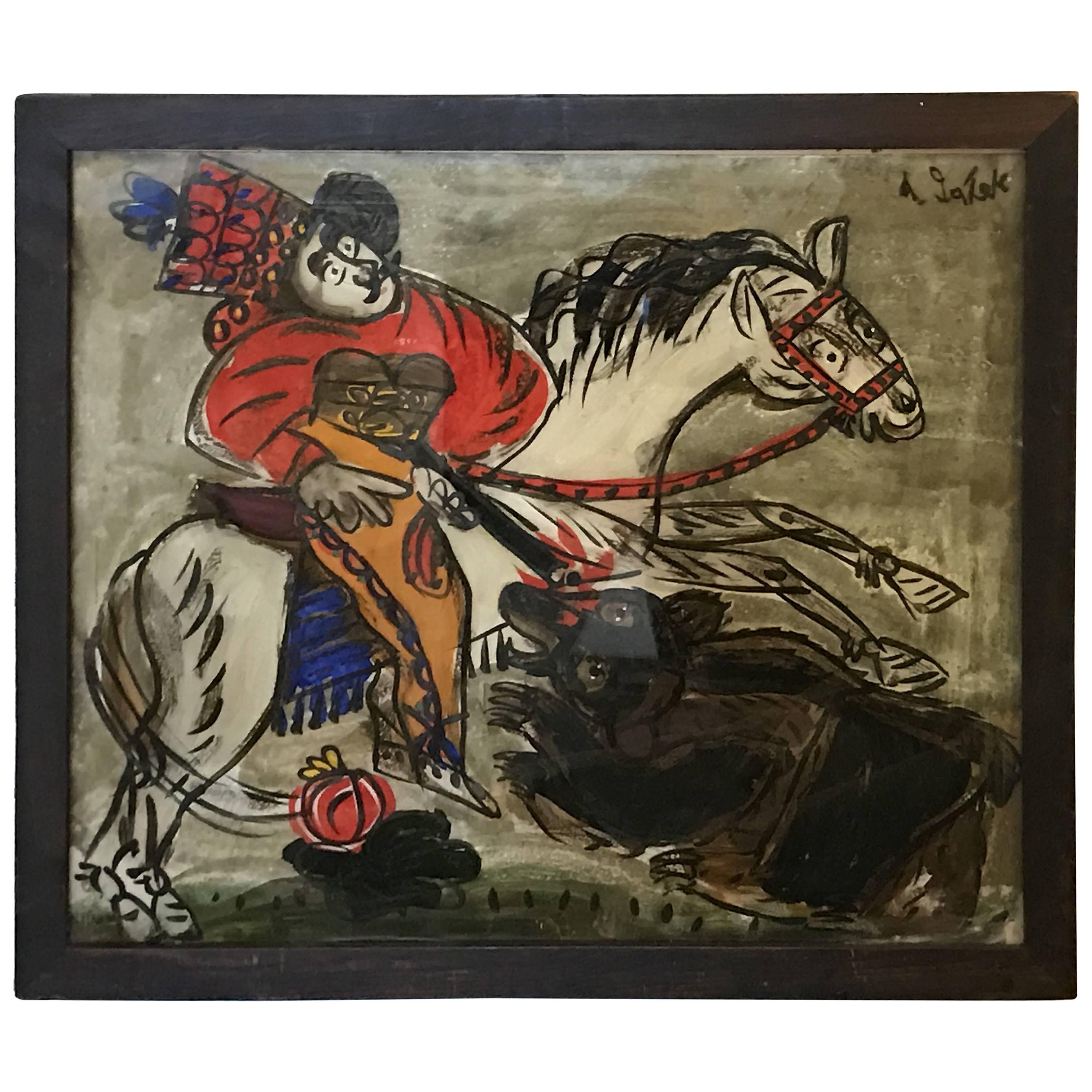 1960s Reverse Glass Folk Art Painting Man on Horse by Andrzej Galek #2