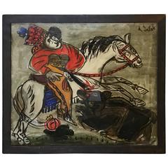 1960s Reverse Glass Folk Art Painting Man on Horse by Andrzej Galek #2