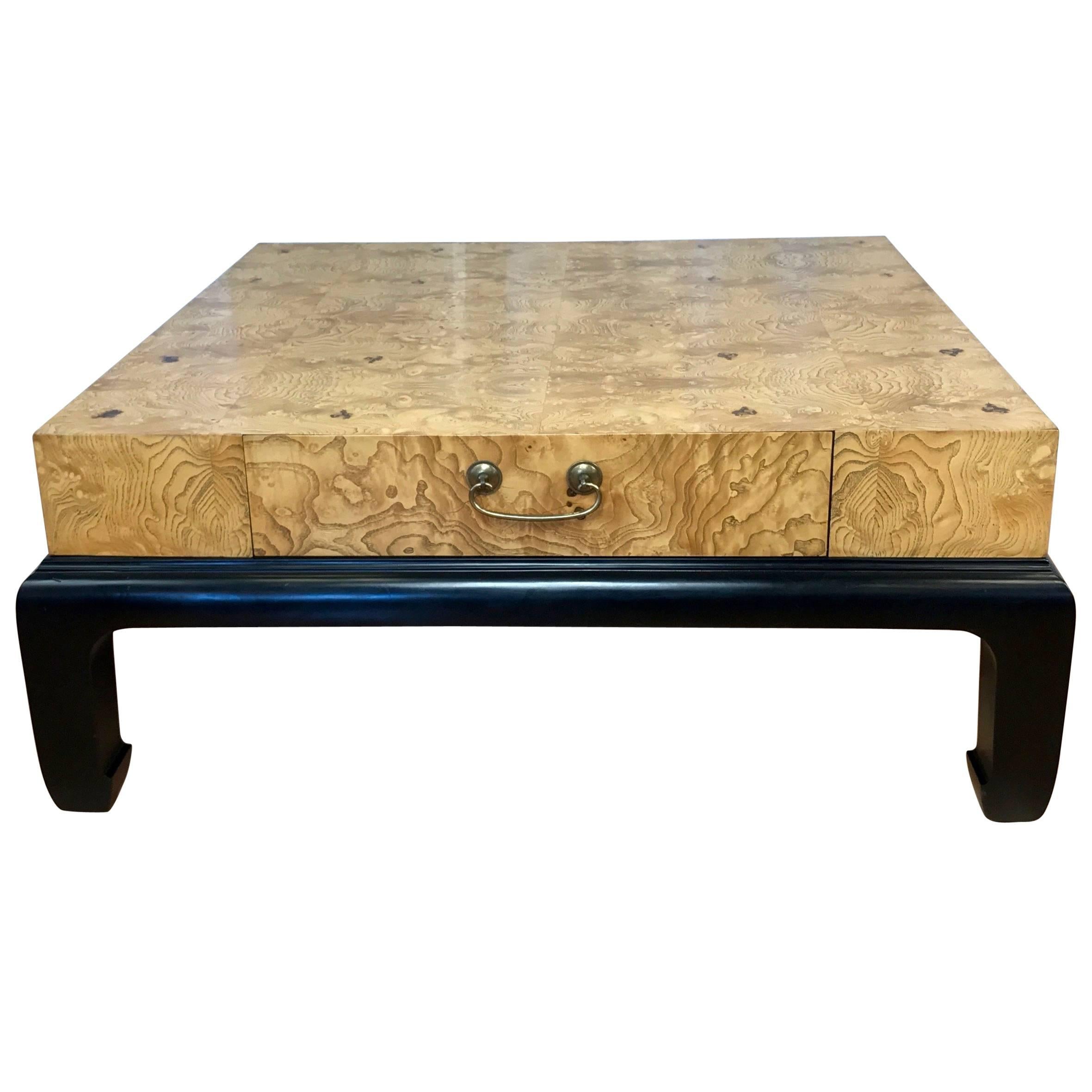 Large Burl Wood Coffee Table with Drawers Attributed to Henredon