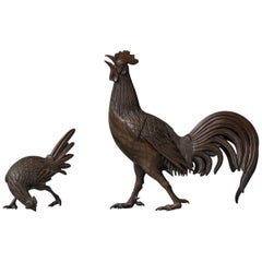 Pair of Bronze Chickens, Cock ‘Incense Burner’ and Hen