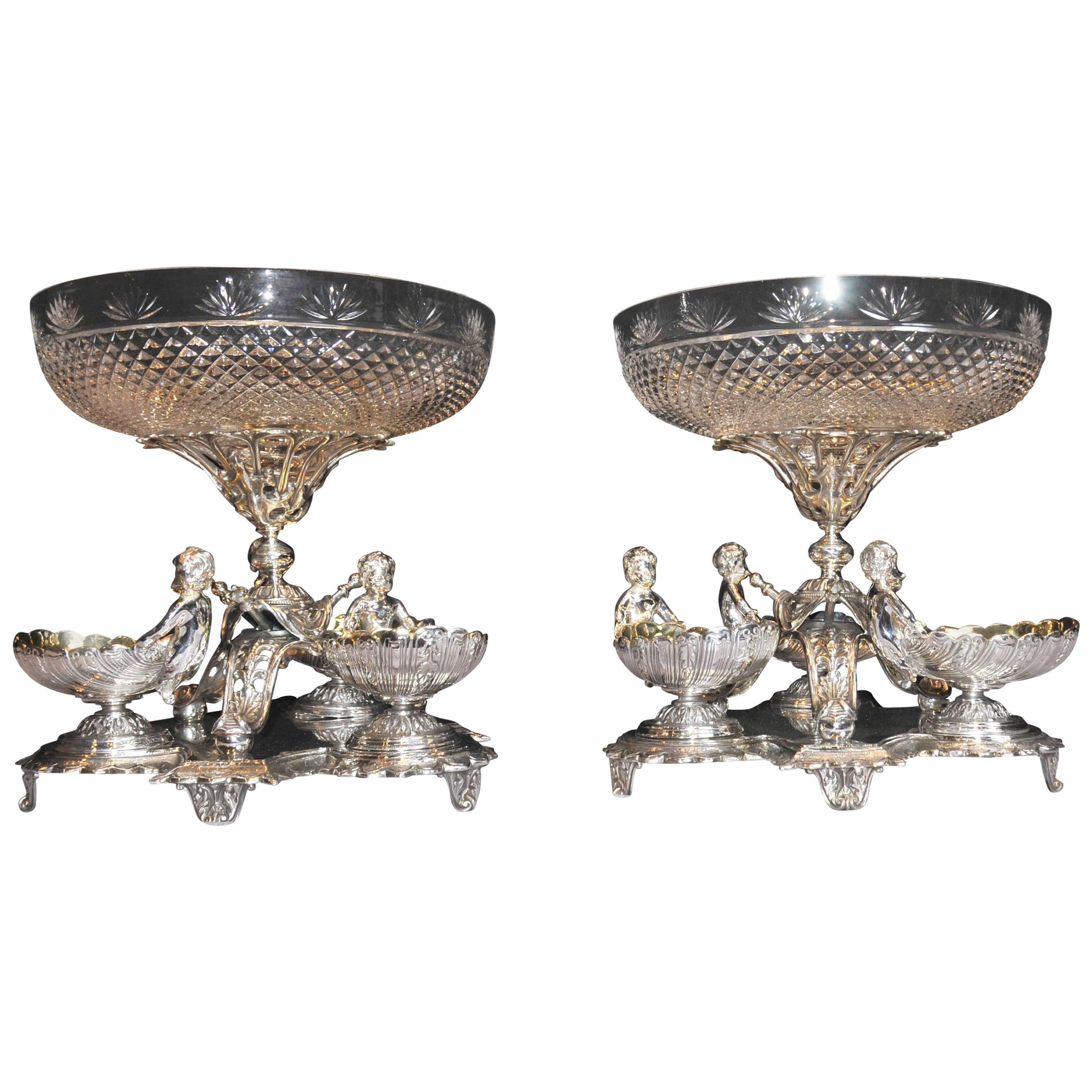 Pair Sheffield Silver Plate Cherub Glass Bowl Comports Dippers Centrepiece For Sale
