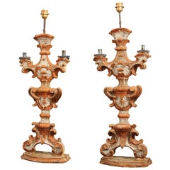 Pair of 18th Century  Italian Painted Wood Candlesticks as Lamps