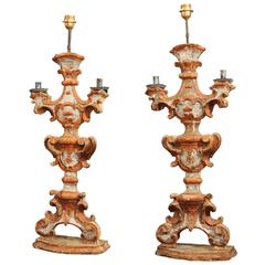 Pair of 18th Century Italian Painted Wood Candlesticks as Lamps 9