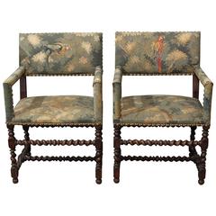 Pair of Carved Wood and Tapestry Armchairs