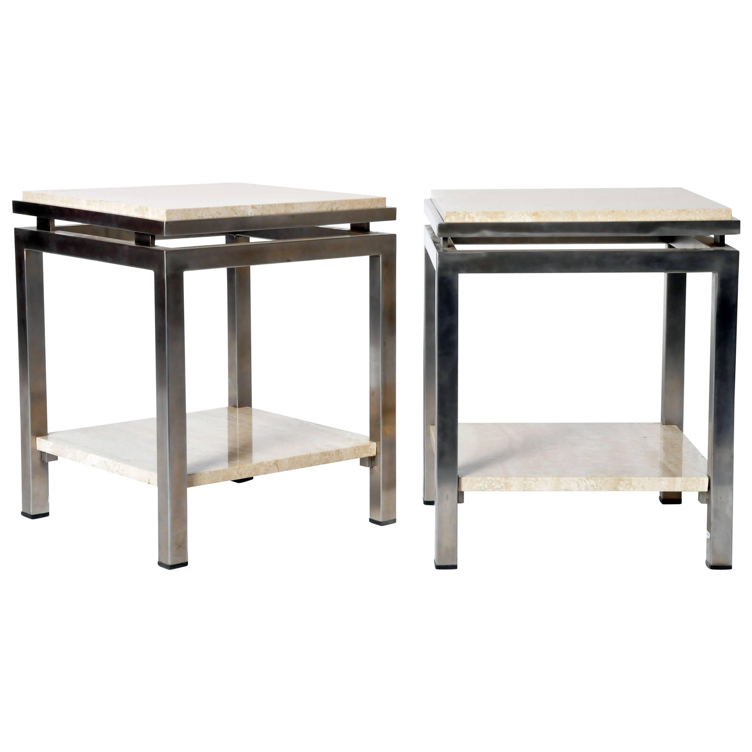 Pair of Two-Tier Travertine Side Tables in the Style of Guy Lefevre
