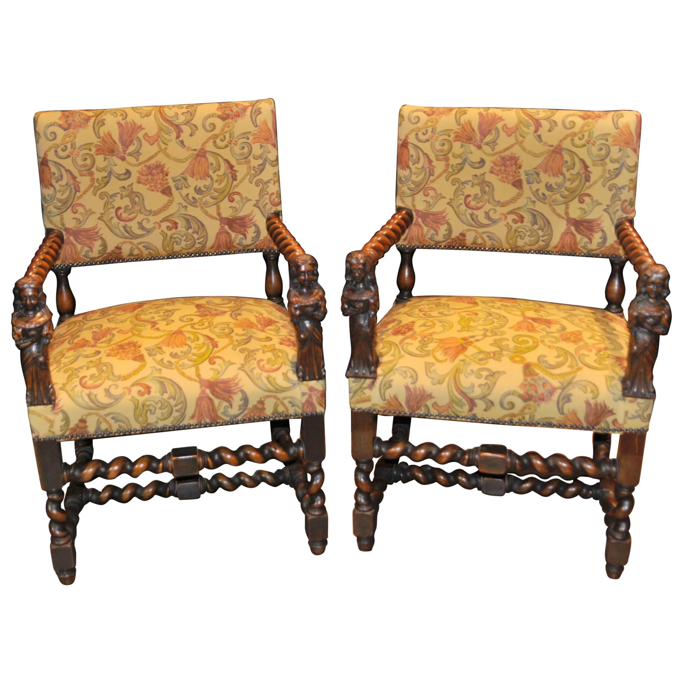 Antique Walnut Hand-Carved Italian Armchairs Barley Twist, 1860 For Sale