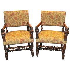 Antique Walnut Hand-Carved Italian Armchairs Barley Twist, 1860