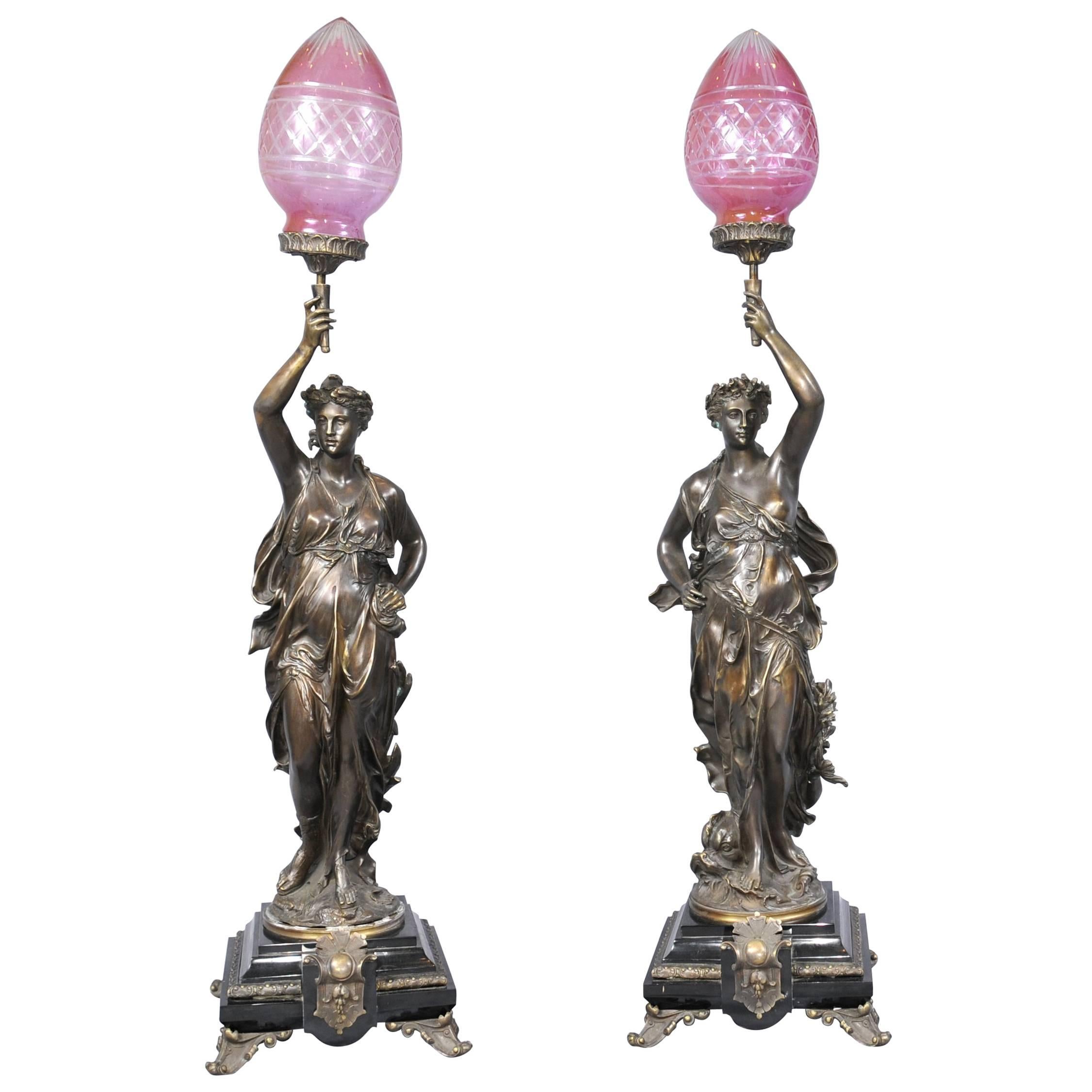 Pair of Bronze Lights Signed Gregoire Statue Liberty Torcheres Lamp For Sale