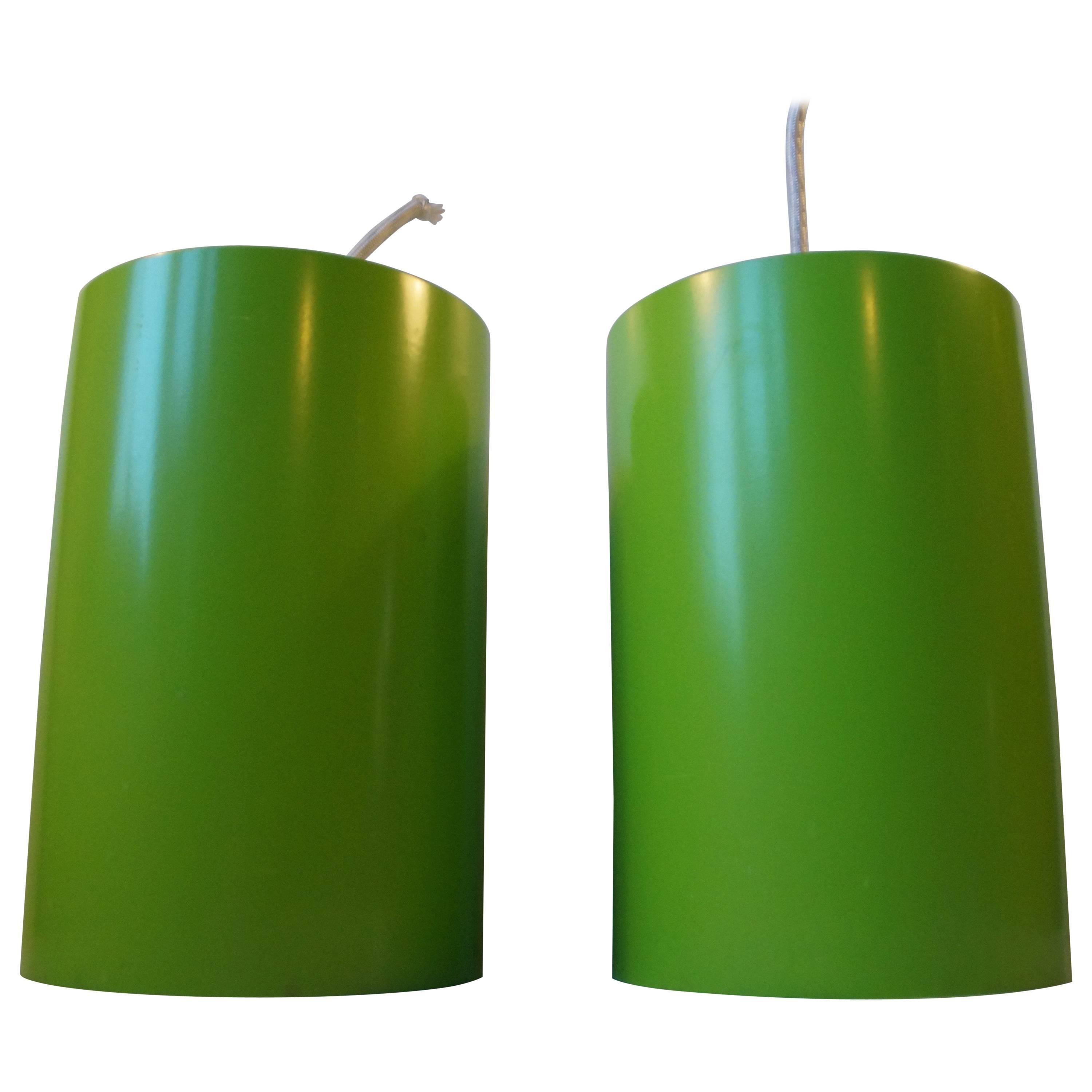 Pair of Cylindrical Avocado Green Pendant Lamps by Louis Poulsen, Denmark, 1970s