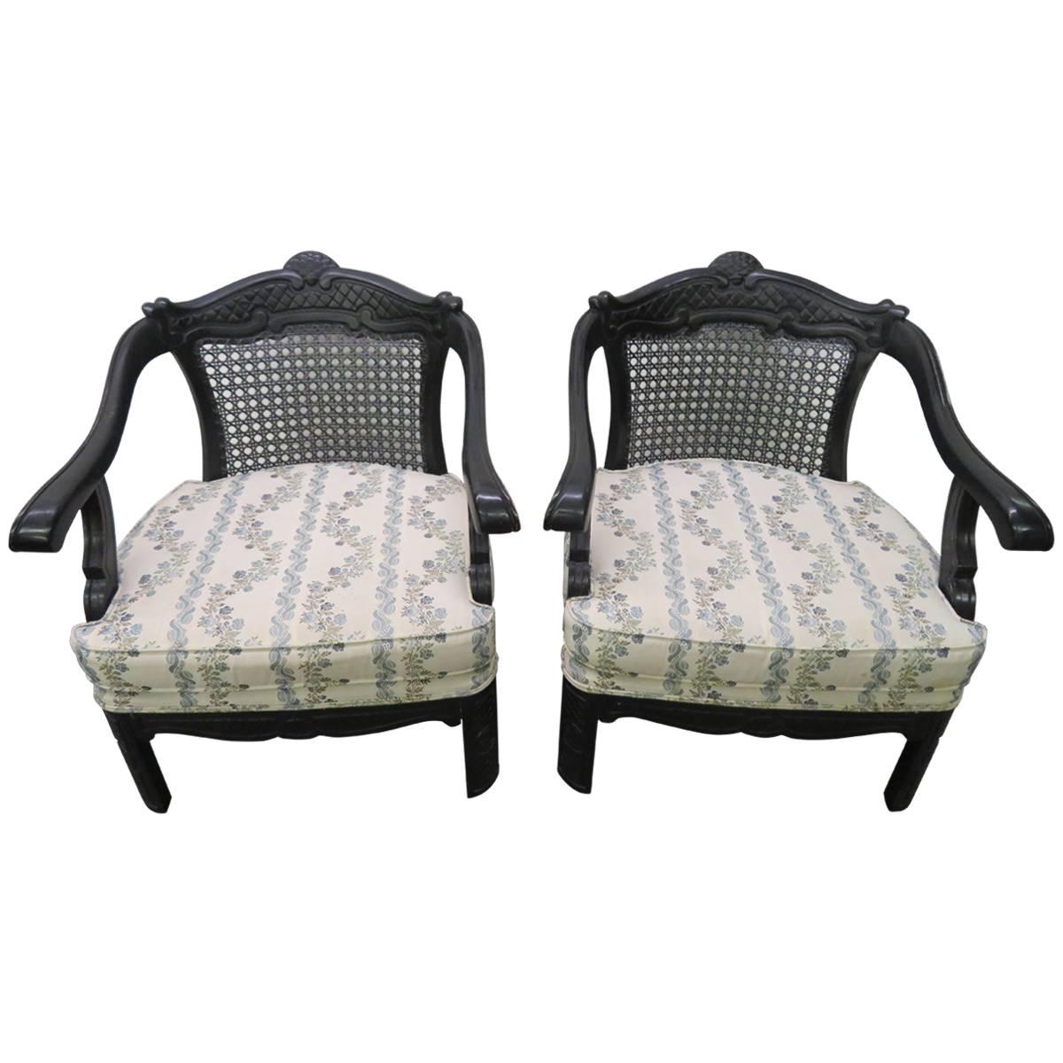 Lovely Pair of Caned Chinoiserie Asian Style Armchairs Hollywood Regency For Sale