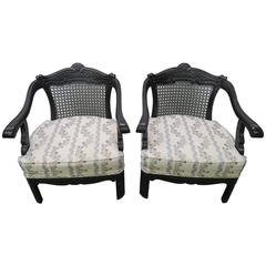 Lovely Pair of Caned Chinoiserie Asian Style Armchairs Hollywood Regency