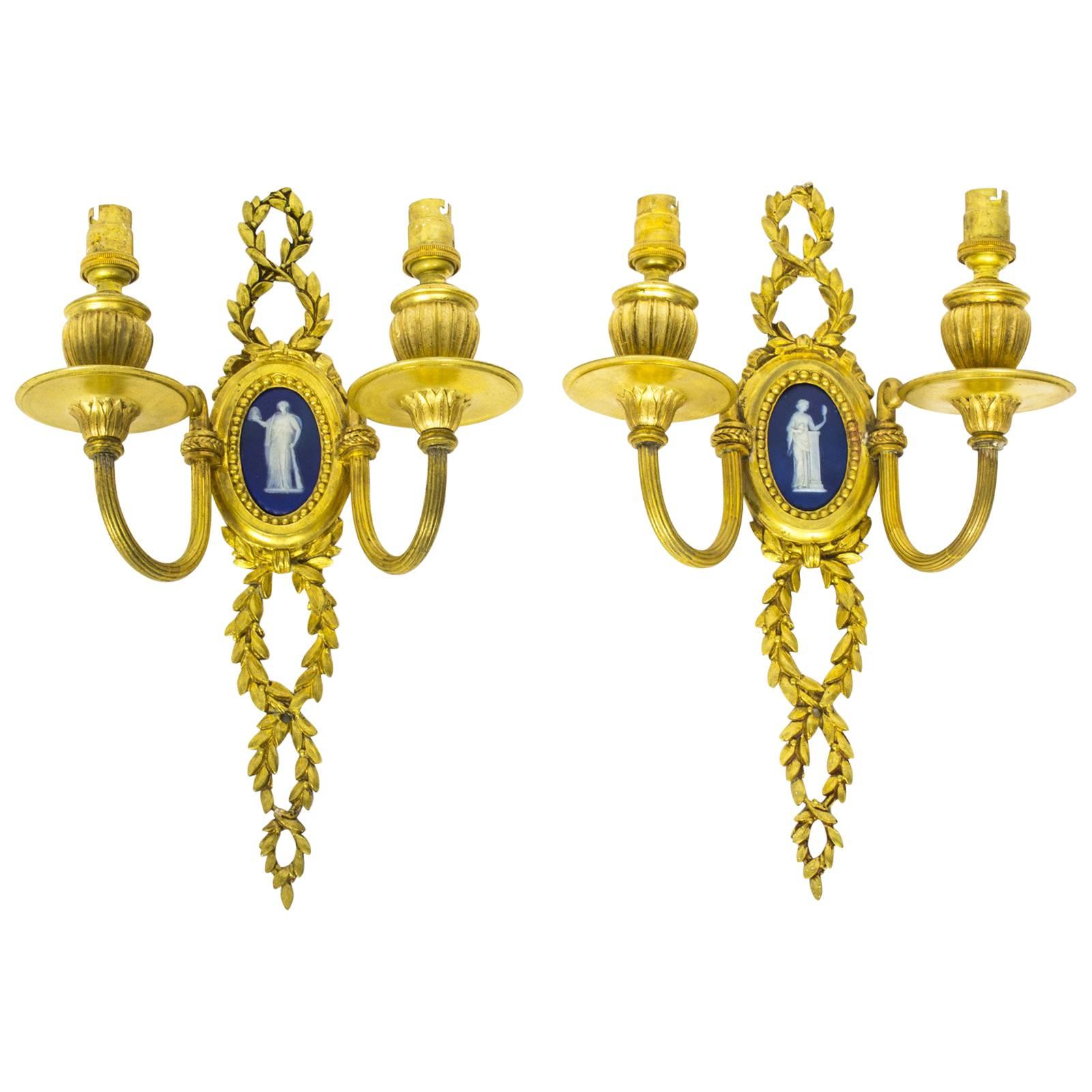 Antique Pair of Ormolu Jasperware Two Branch Wall Lights Sconces