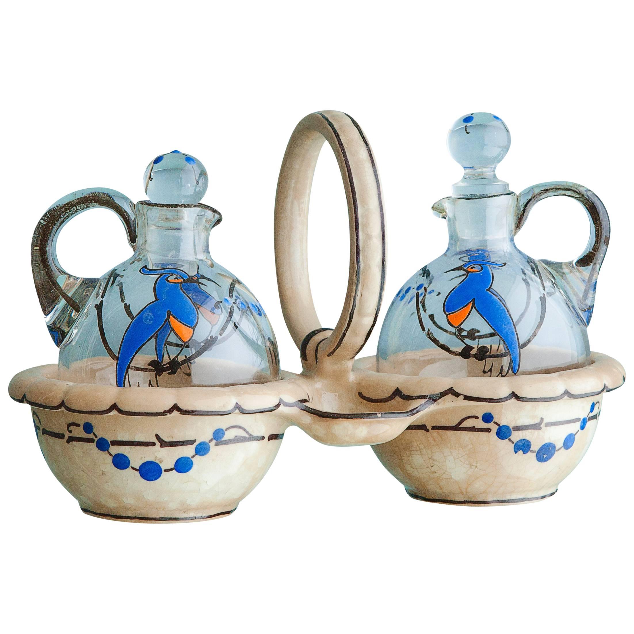 Vintage French Glass Bottles in Ceramic Holder