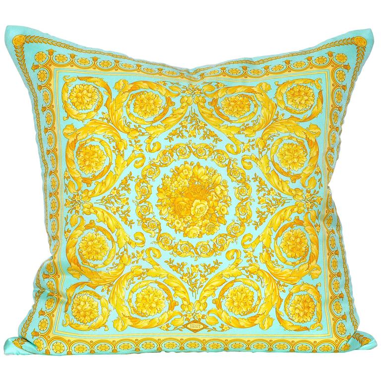 Vintage Versace Mint Green Gold Silk Scarf and Irish Linen Cushion
