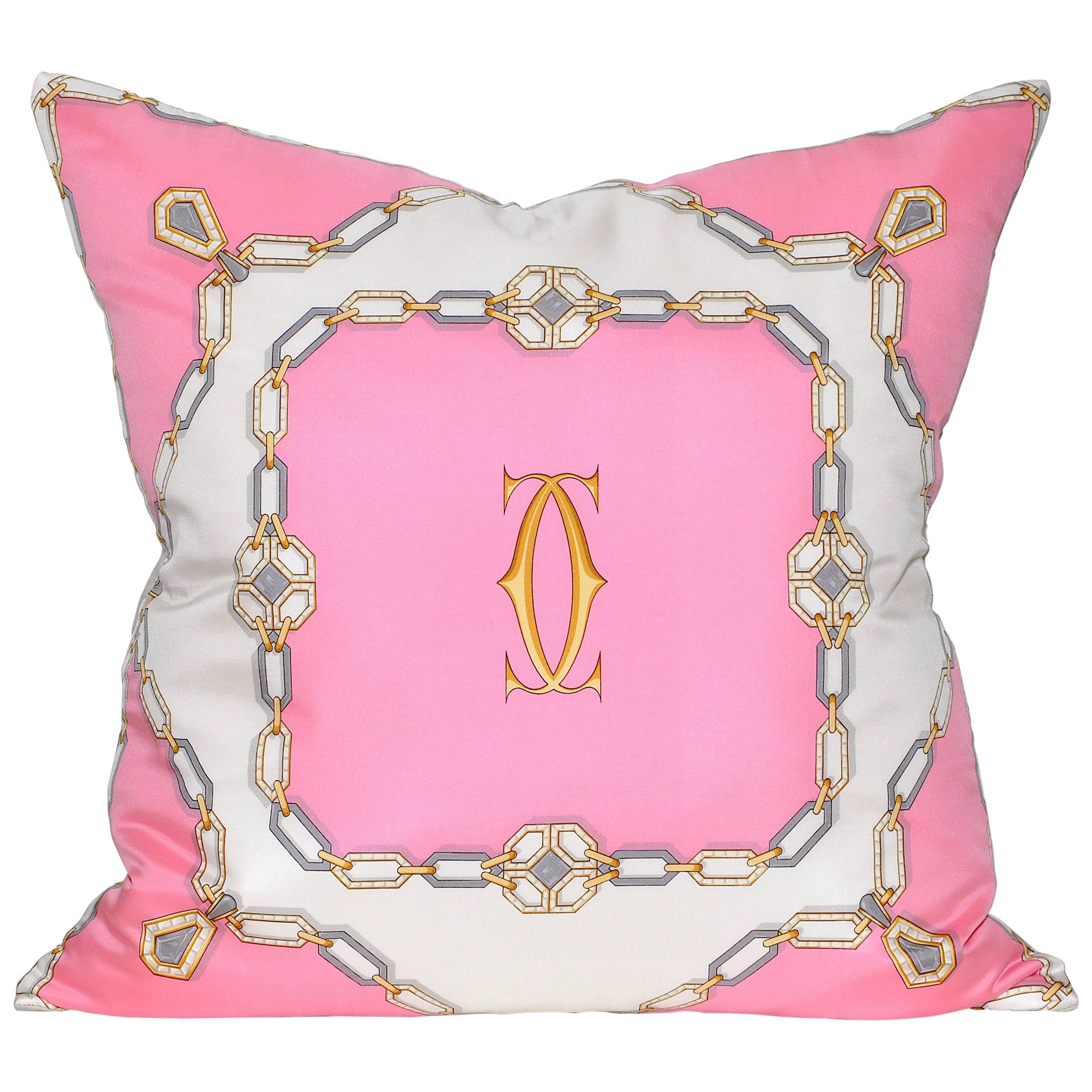 Vintage Cartier Jewelry Pink Silk Scarf with Irish Linen Cushion Pillow For Sale