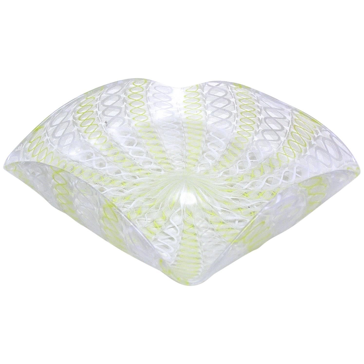 Handblown Murano Glass Latticino Turned Up Square Dish For Sale