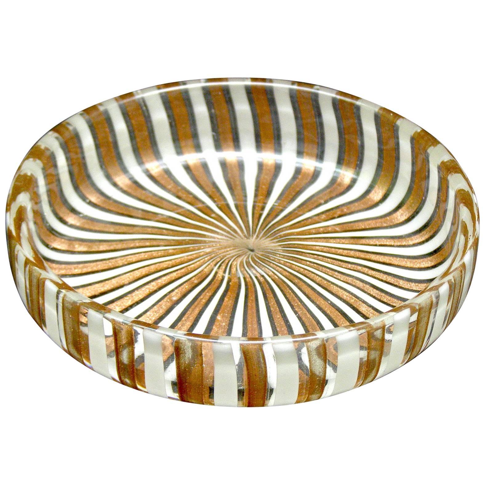 Handblown Murano Glass Round Dish with Copper and White Caning For Sale