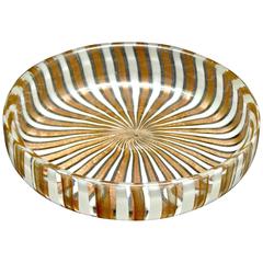 Handblown Murano Glass Round Dish with Copper and White Caning