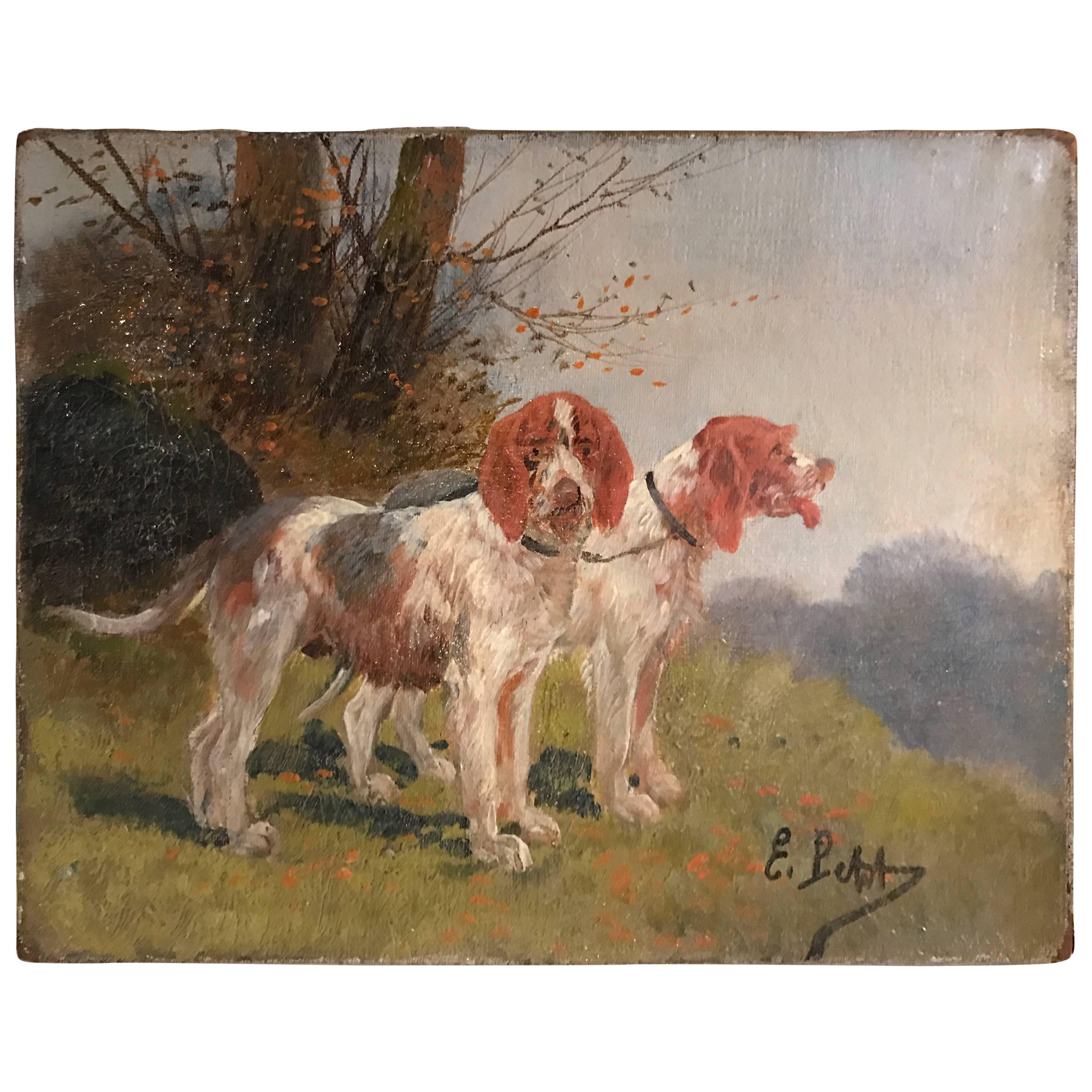 19th Century Miniature Oil Painting on Canvas of Dogs For Sale