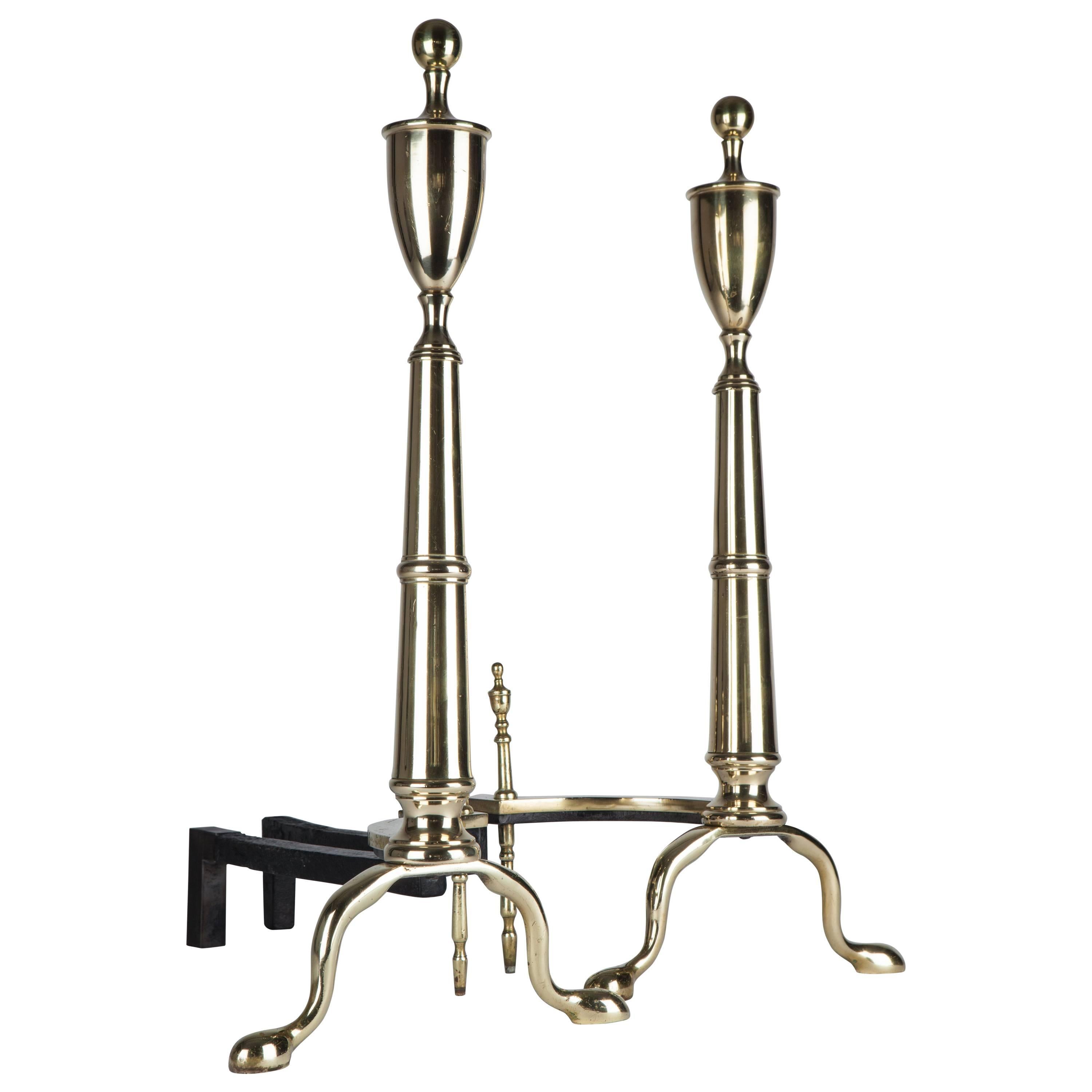 Brass Andirons with Urn Finials and Pad Feet, Circa 1920s For Sale