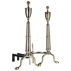 Antique Brass Andirons with Urn Finials and Pad Feet, Circa 1920s
