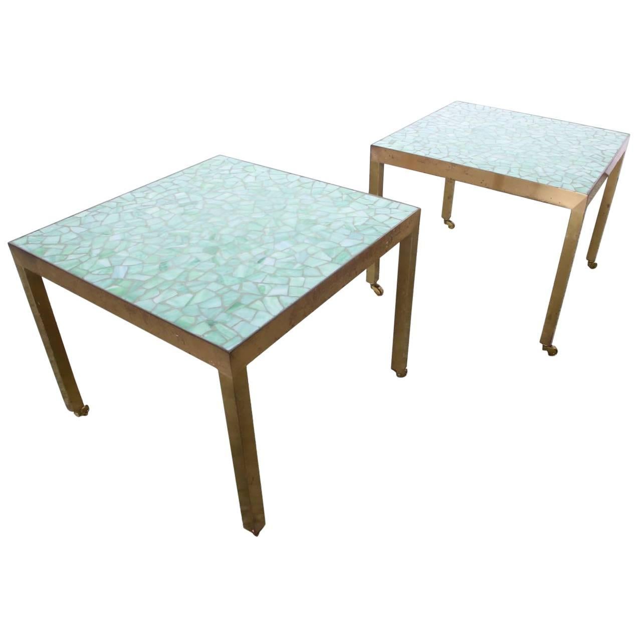 Pair of Brass and Tile End Tables