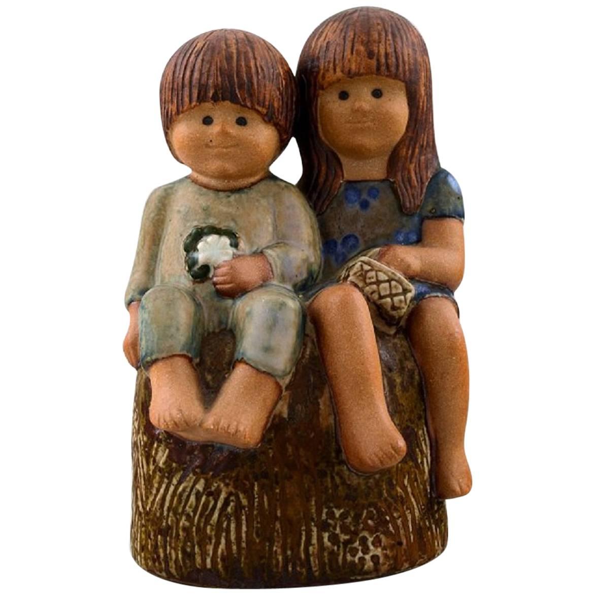 Rare Figure, Lisa Larson, "Siblings", Glazed Pottery, Gustavsberg, Sweden For Sale