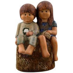 Rare Figure, Lisa Larson, "Siblings", Glazed Pottery, Gustavsberg, Sweden