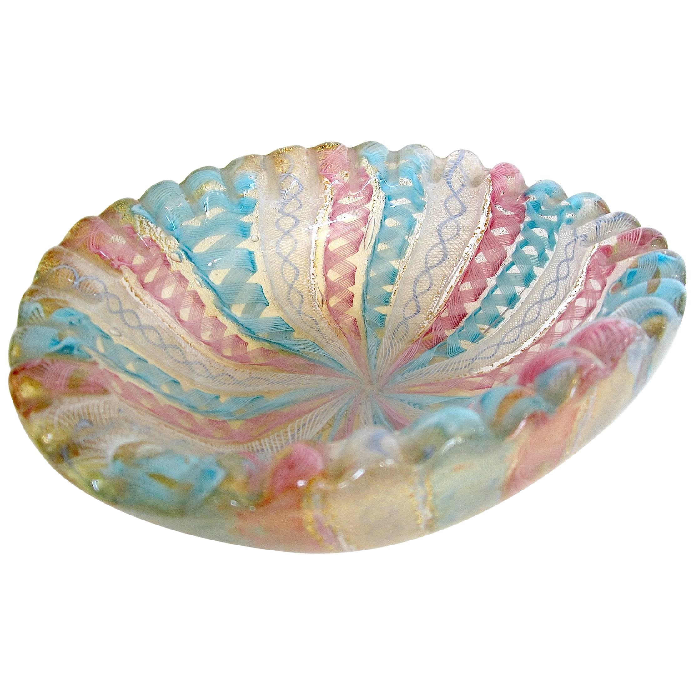 Handblown Murano Glass Diminutive Latticino Scalloped Bowl 