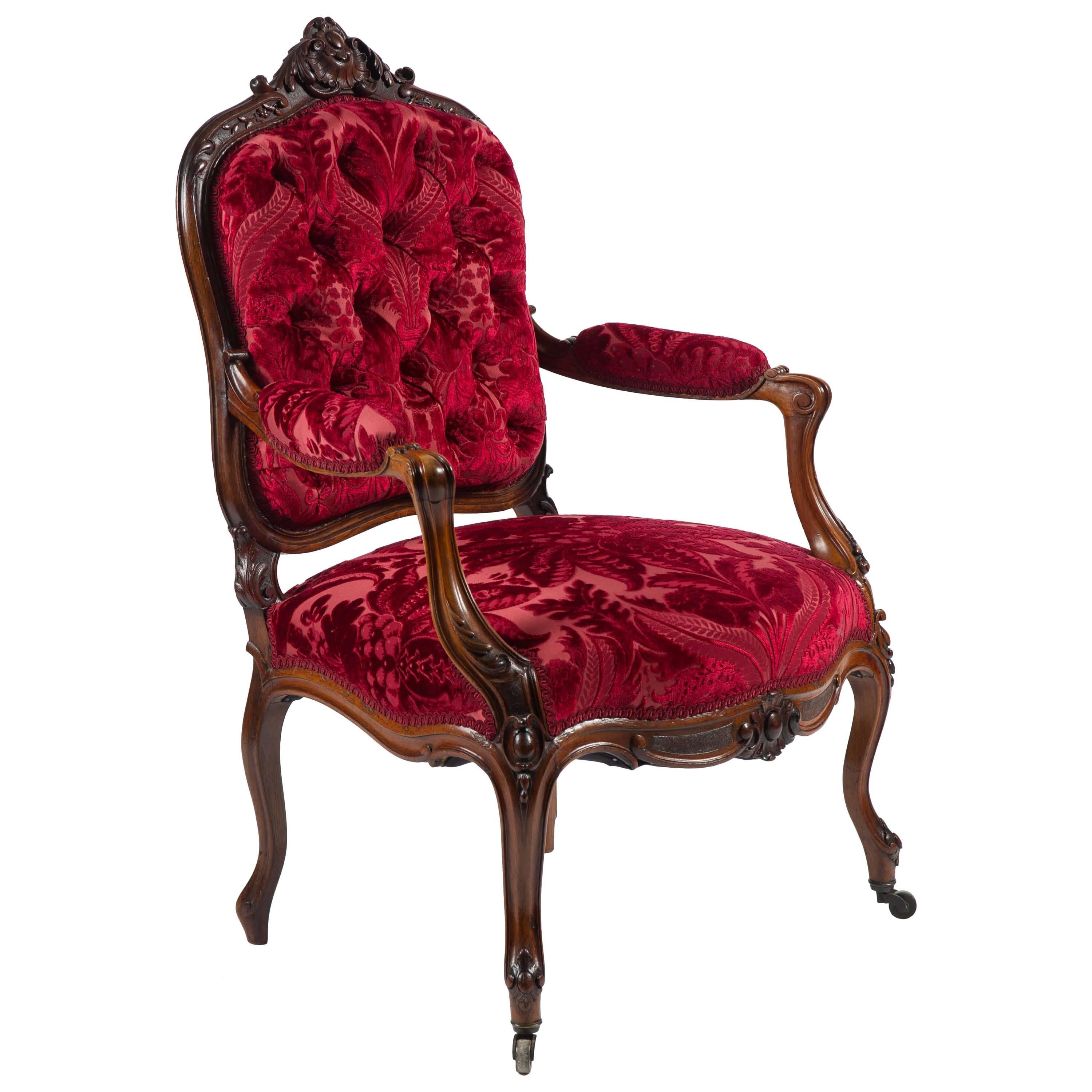 Mid-19th Century Carved Rosewood Open Armchair in the French Style