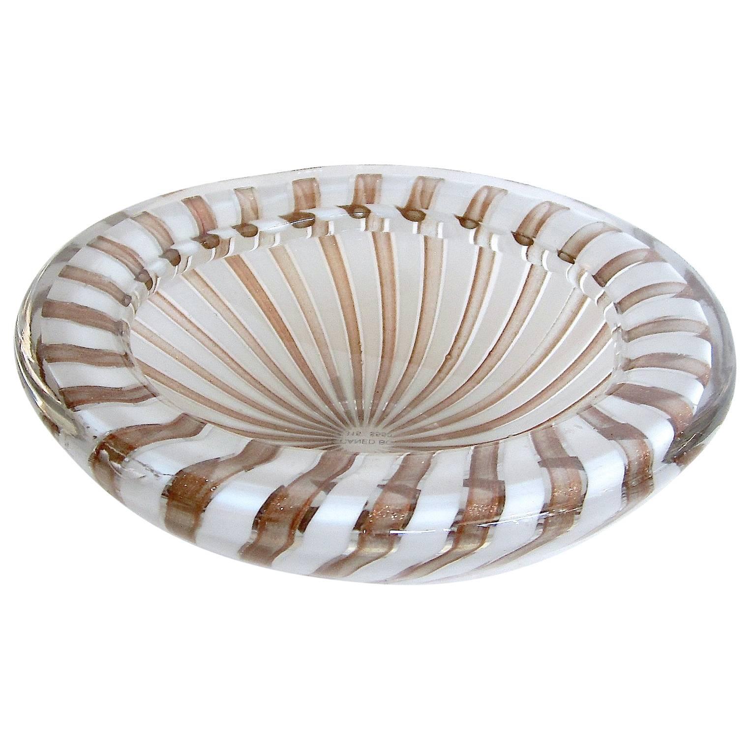 White and Copper Caned Murano Glass Bowl For Sale