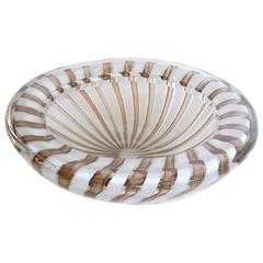 White and Copper Caned Murano Glass Bowl