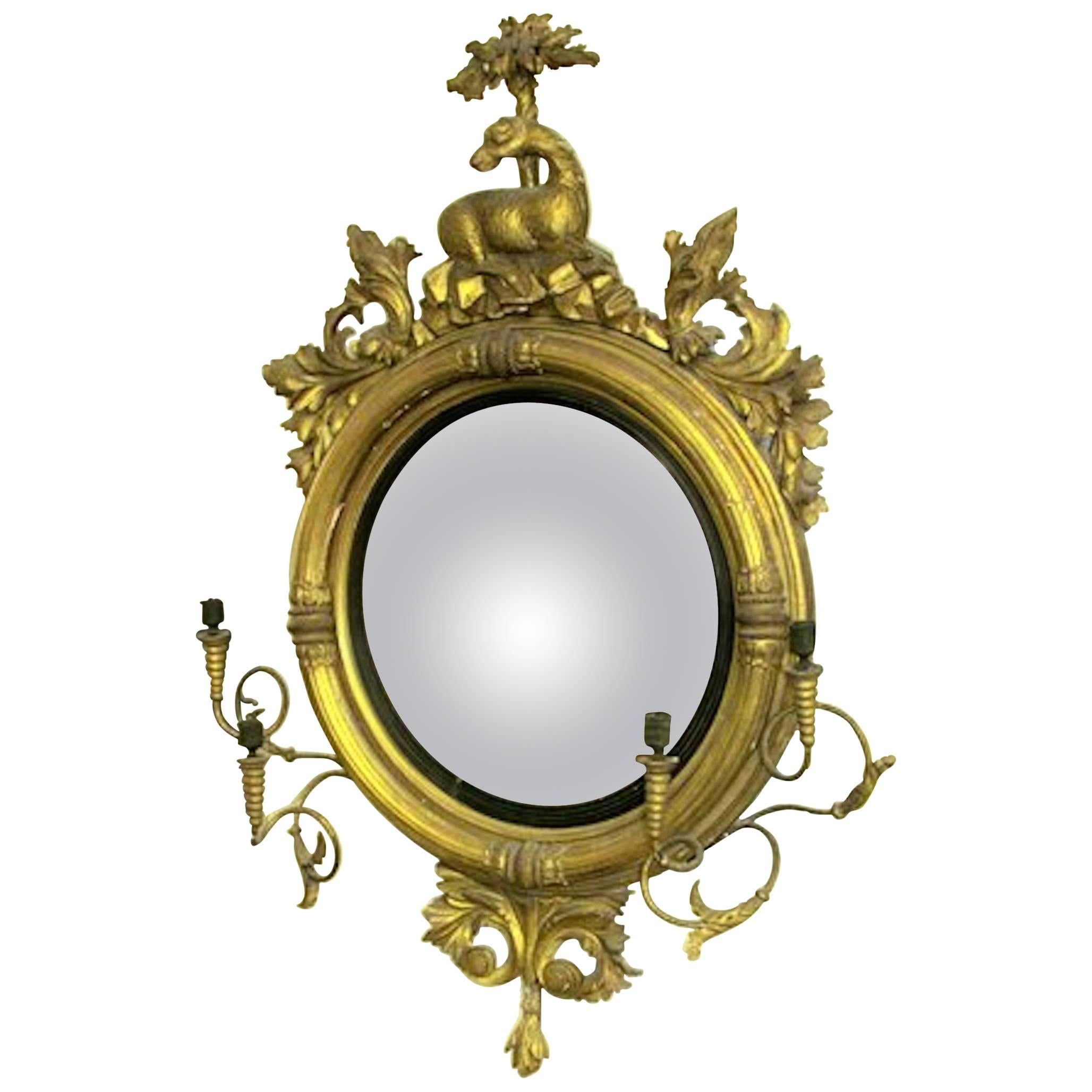 Antique American Federal Giltwood Convex Mirror With Double Sconce Girandole