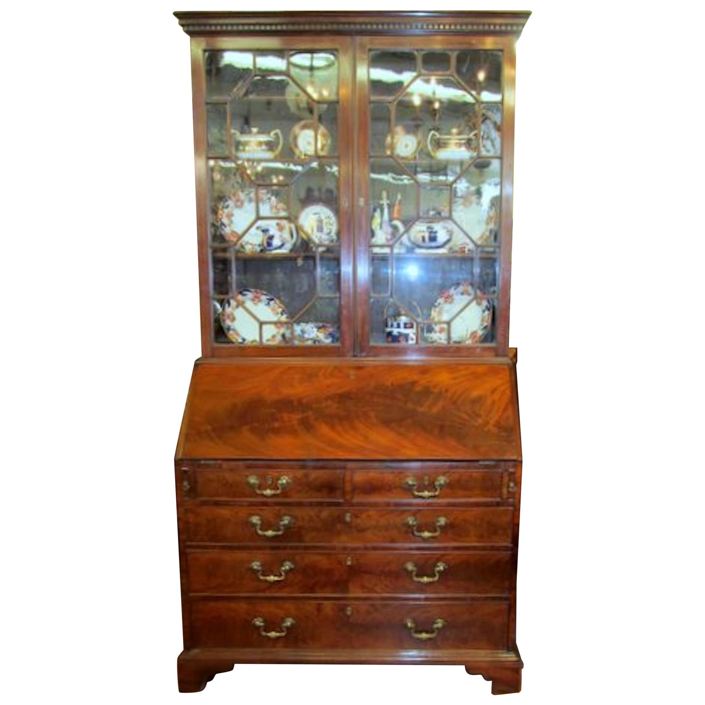 Antique English George III Figured Mahogany Chippendale Style Bureau Bookcase