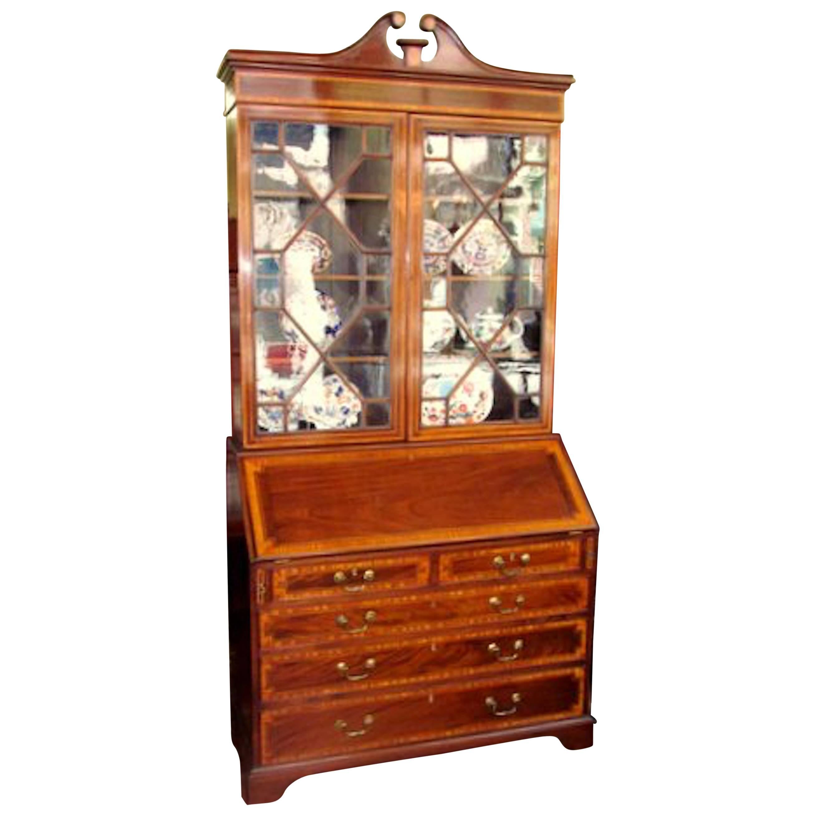 Antique English George IV Satinwood Inlaid Mahogany Bureau Bookcase/Secretary