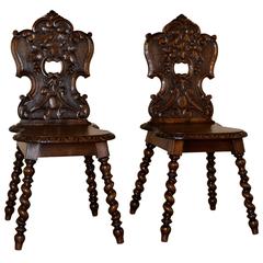 19th Century Pair of Carved Oak Hall Chairs