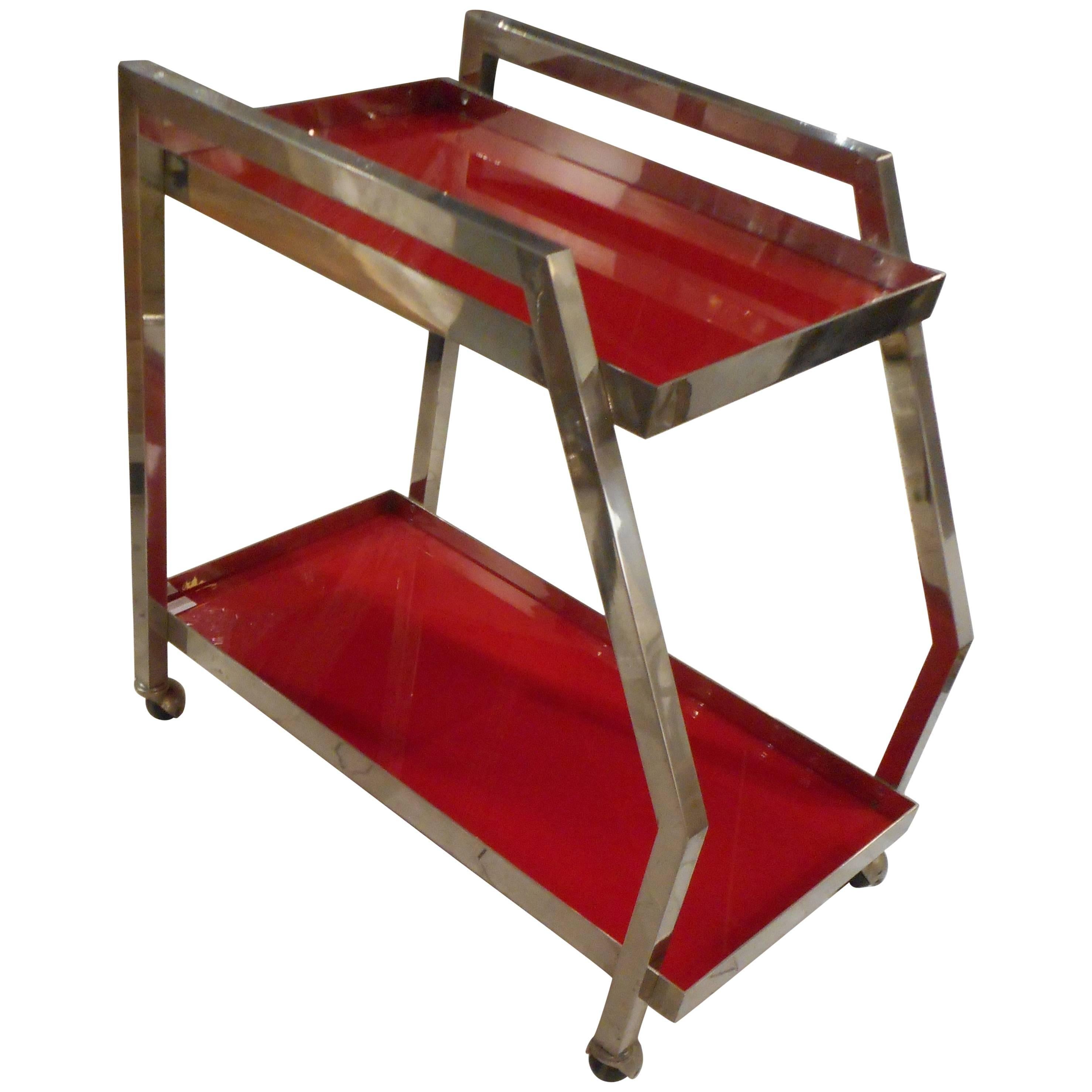 Asymmetrical Trolley with Red Opaline Trays, 1970s For Sale