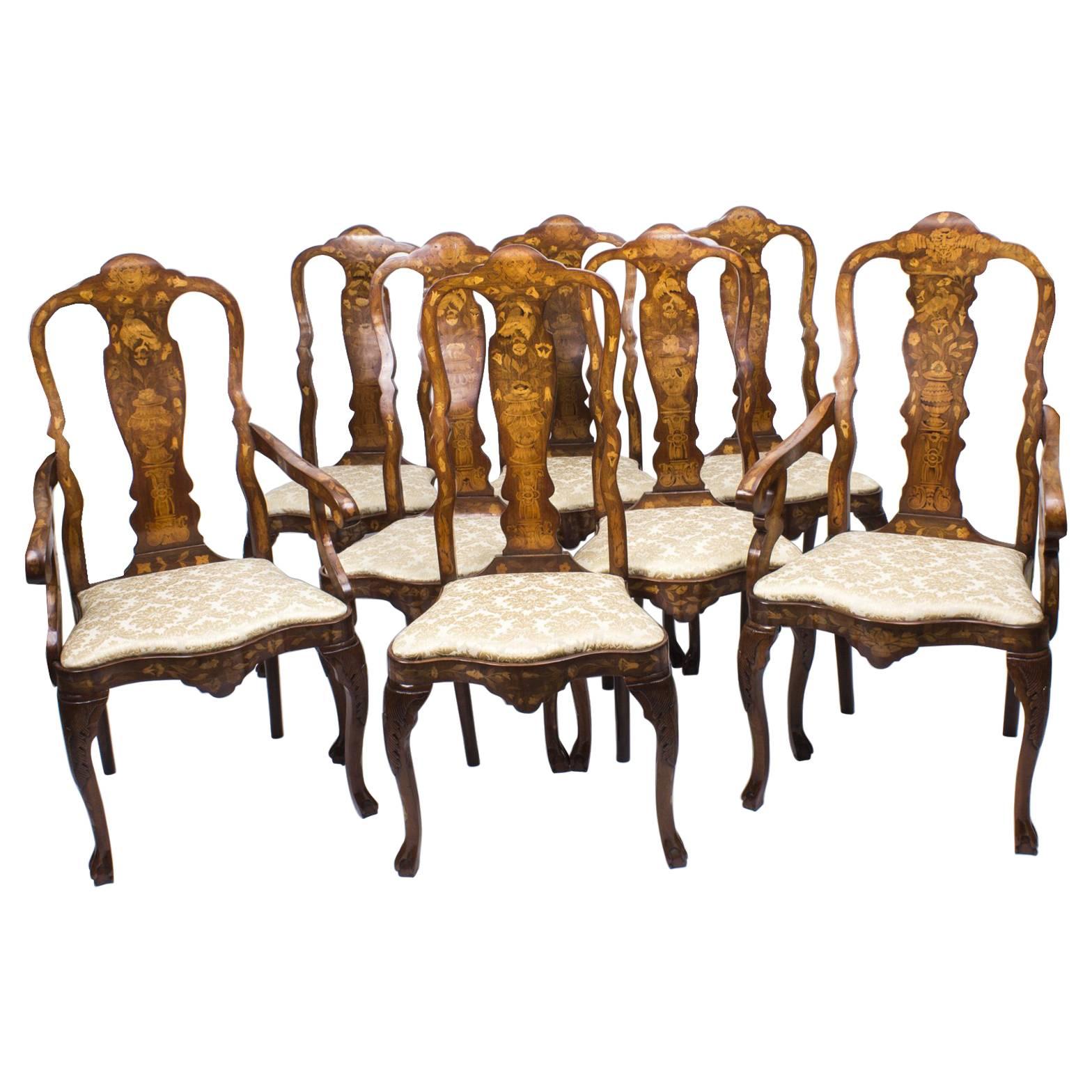 Antique Set of Eight Dutch Marquetry Walnut Dining Chairs, 18th Century