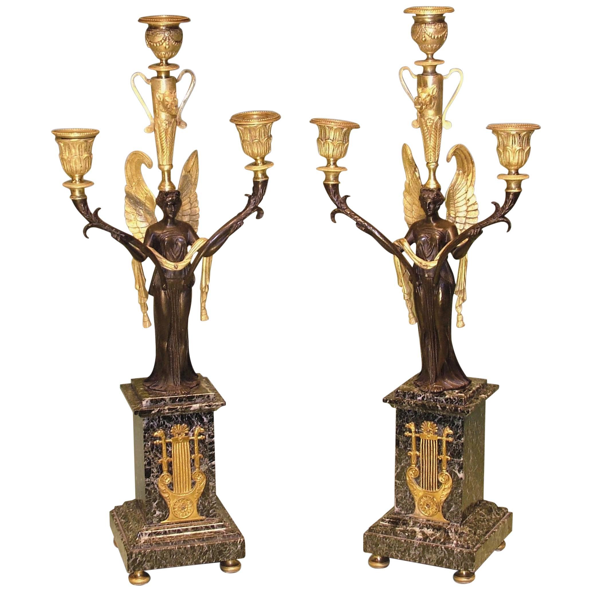 Pair of Ormolu and Green Marble Candelabra