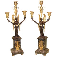 Pair of Ormolu and Green Marble Candelabra