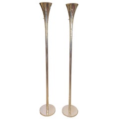 Pair of Sleek Nickel Mid Century Modern Torchieres Floor Lamps by Laurel 