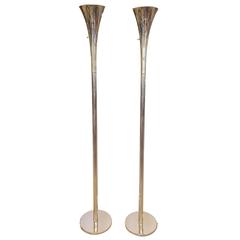 Pair of Sleek Shiny Nickel Mid-Century Modern Torchieres Floor Lamps by Laurel 3