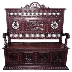 Antique 19th Century Breton High Back Carved Oak Box Settle, Carved Hall Seat