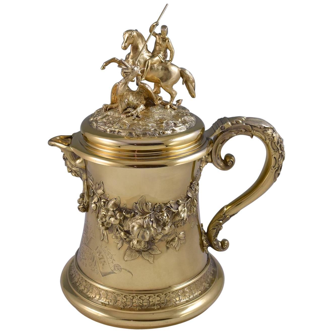 Victorian Silver-Gilt Lidded Jug by C. F. Hancock with St George and the Dragon For Sale