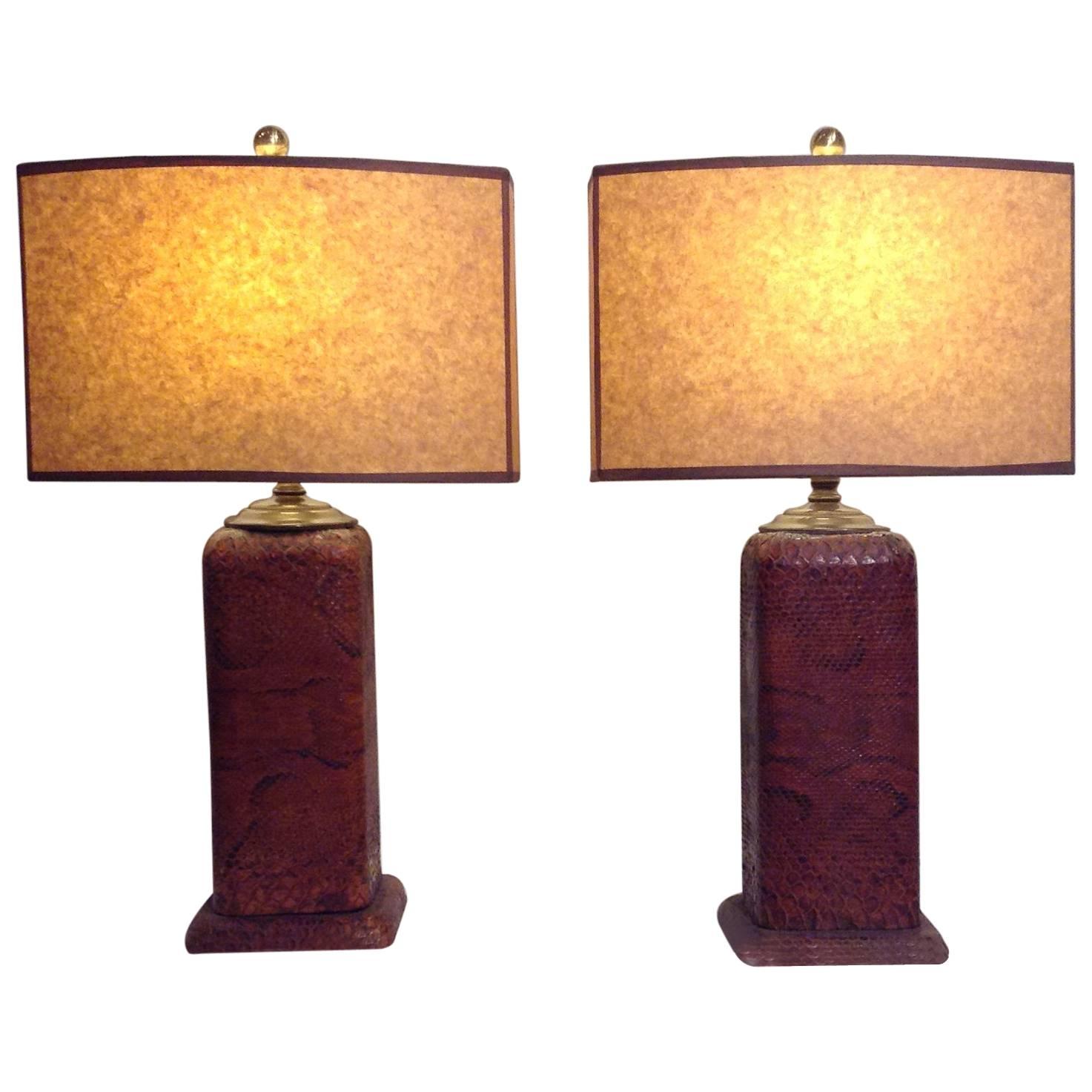 Pair of Python Skin Lamps For Sale